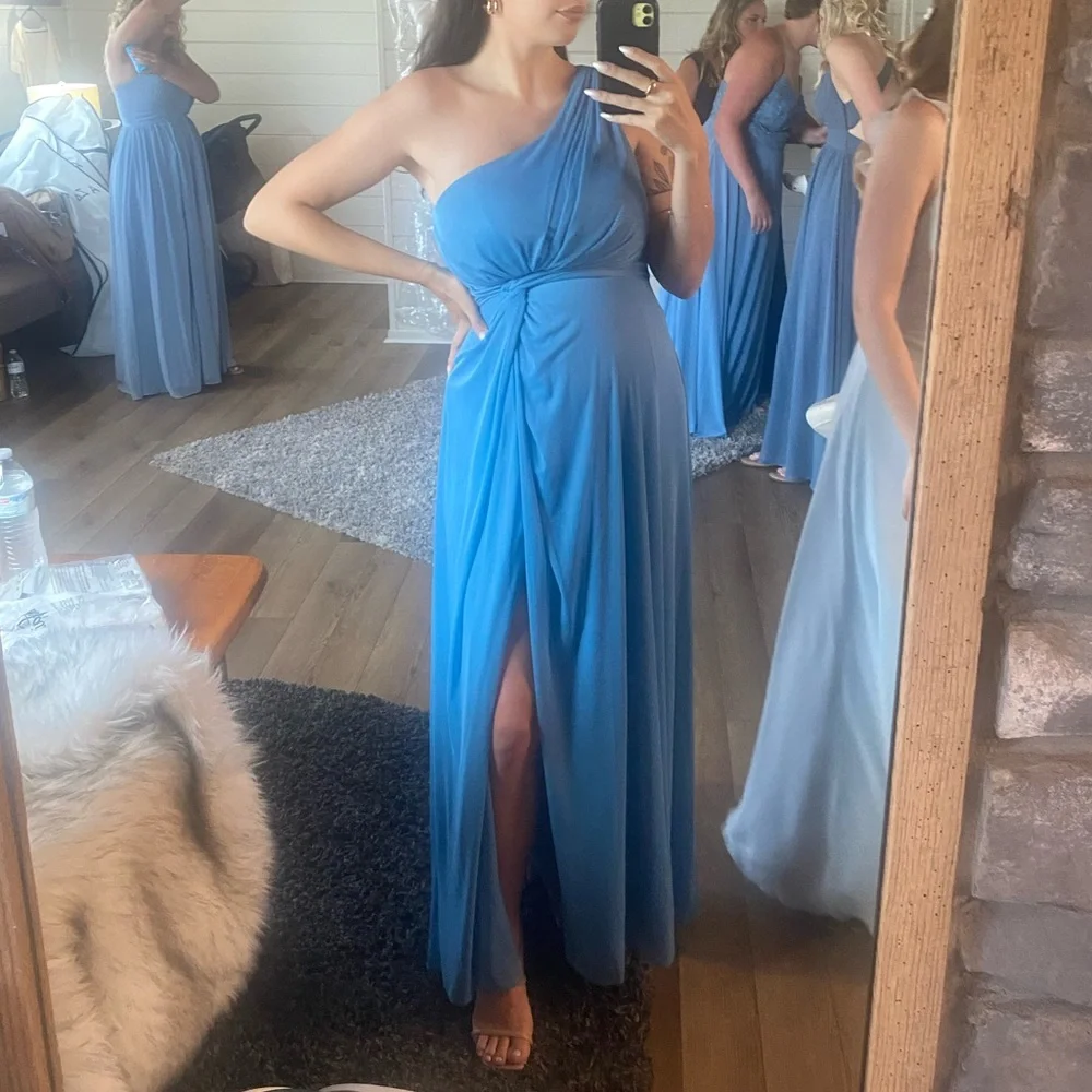 Azazie Brooke One Shoulder in Steel Blue. Is not maternity but can be (see pics) - Picture 7 of 8